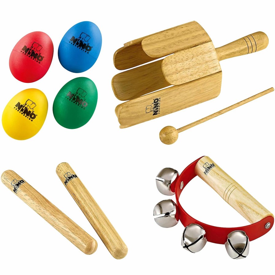 Classroom Rhythm Instruments * | Cheap Nino Nino Np-3 Percussion Pack With 4-Piece Egg Shaker Set, Wood Stirring Drum, Claves And Free Sleigh Bells